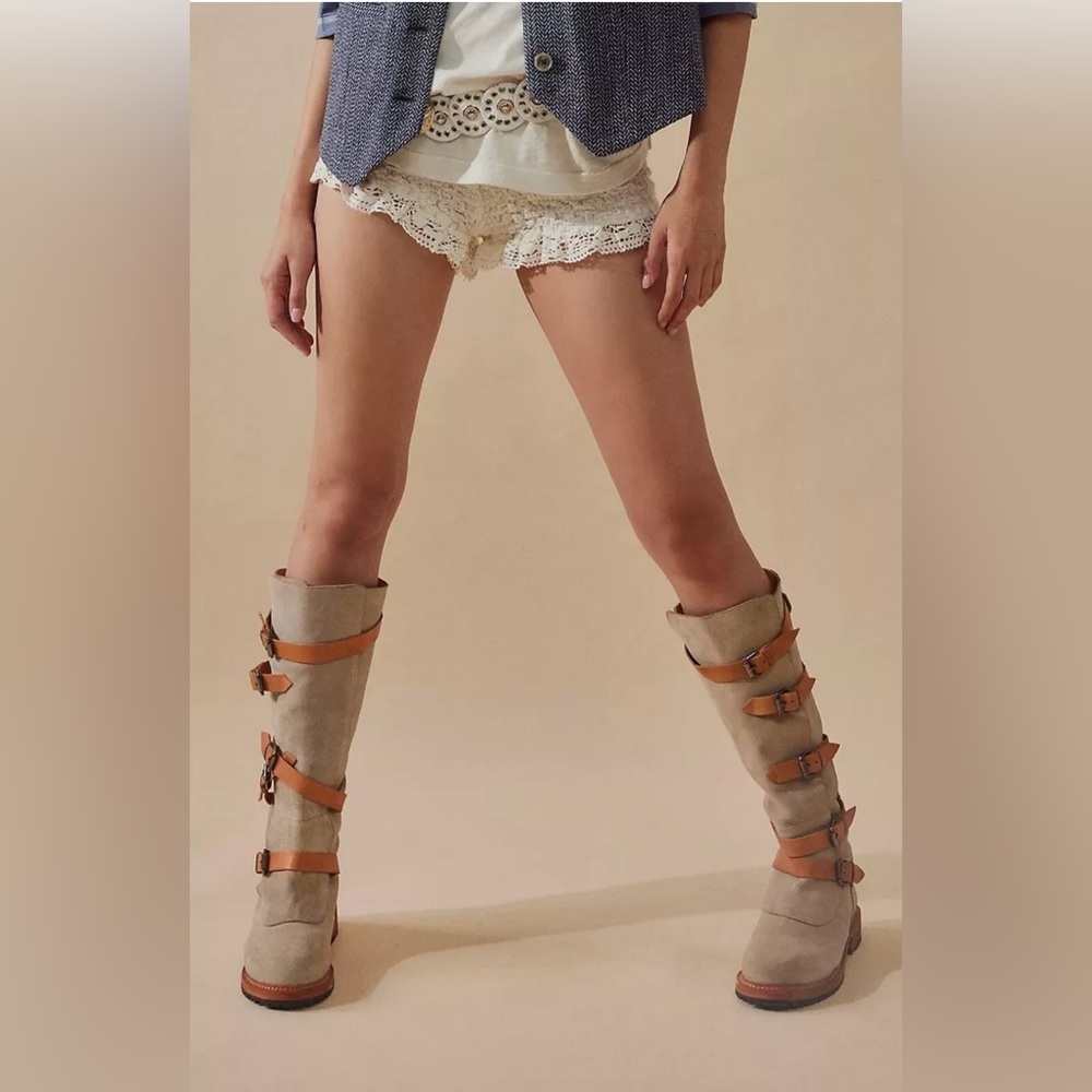 Free People Tristie Tan Buckle Strap Knee-High Boots NWOB
